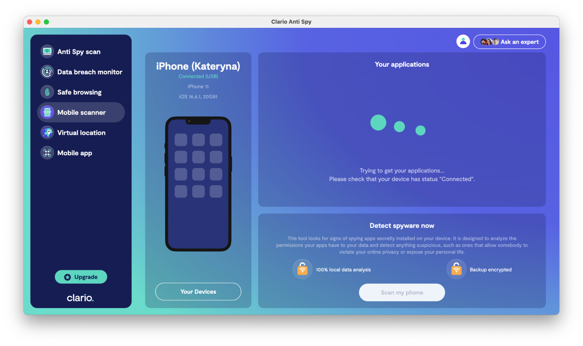 Clario AntiSpy scanning a phone for spyware through a Clario AntiSpy desktop Clario AntiSpy scanning a phone for spyware through a Clario AntiSpy desktop
