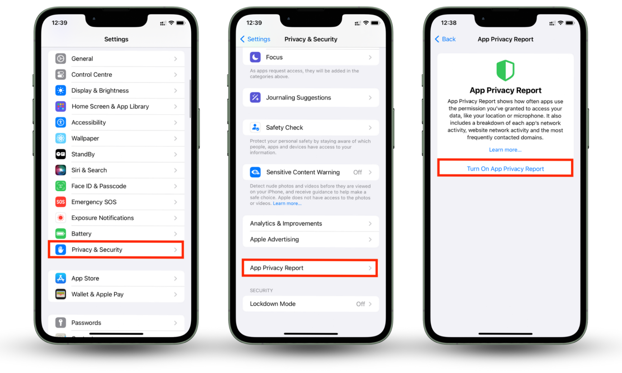 iOS screenshots instructing on how to turn on App Privacy Report on iPhone. iOS screenshots instructing on how to turn on App Privacy Report on iPhone.