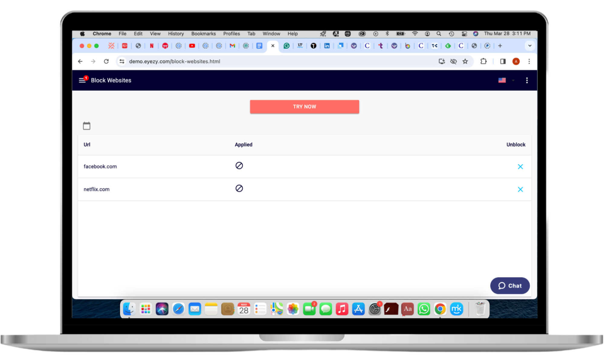 The Eyezy demo is pictured on a Mac screen with the Connection blocker tool opened. The tool previews a list of websites that are blocked on the target phone and options to unblock them. The Eyezy demo is pictured on a Mac screen with the Connection blocker tool opened. The tool previews a list of websites that are blocked on the target phone and options to unblock them.