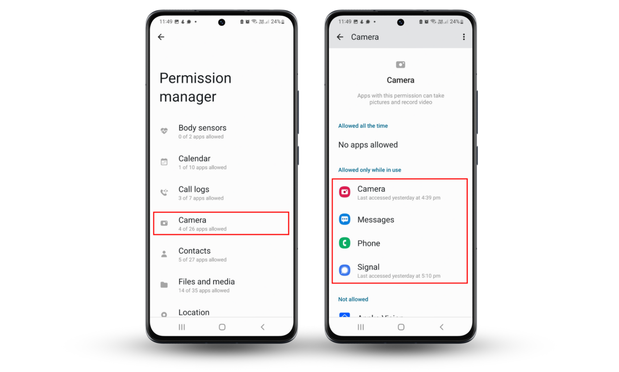 Screenshots of the Android settings menu showing how to access the Camera permissions and deny permissions to specific apps. Screenshots of the Android settings menu showing how to access the Camera permissions and deny permissions to specific apps.