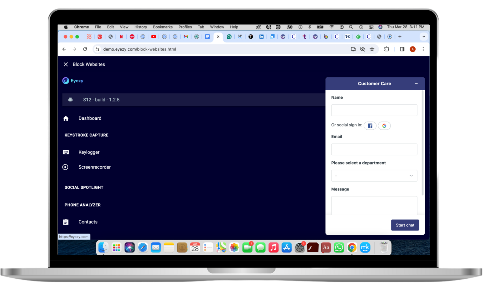 A demo of the Eyezy app interface is opened on a Mac screen and the customer care window is shown on the right. The user must enter their details and a message to start a chat with a customer support agent. A demo of the Eyezy app interface is opened on a Mac screen and the customer care window is shown on the right. The user must enter their details and a message to start a chat with a customer support agent.