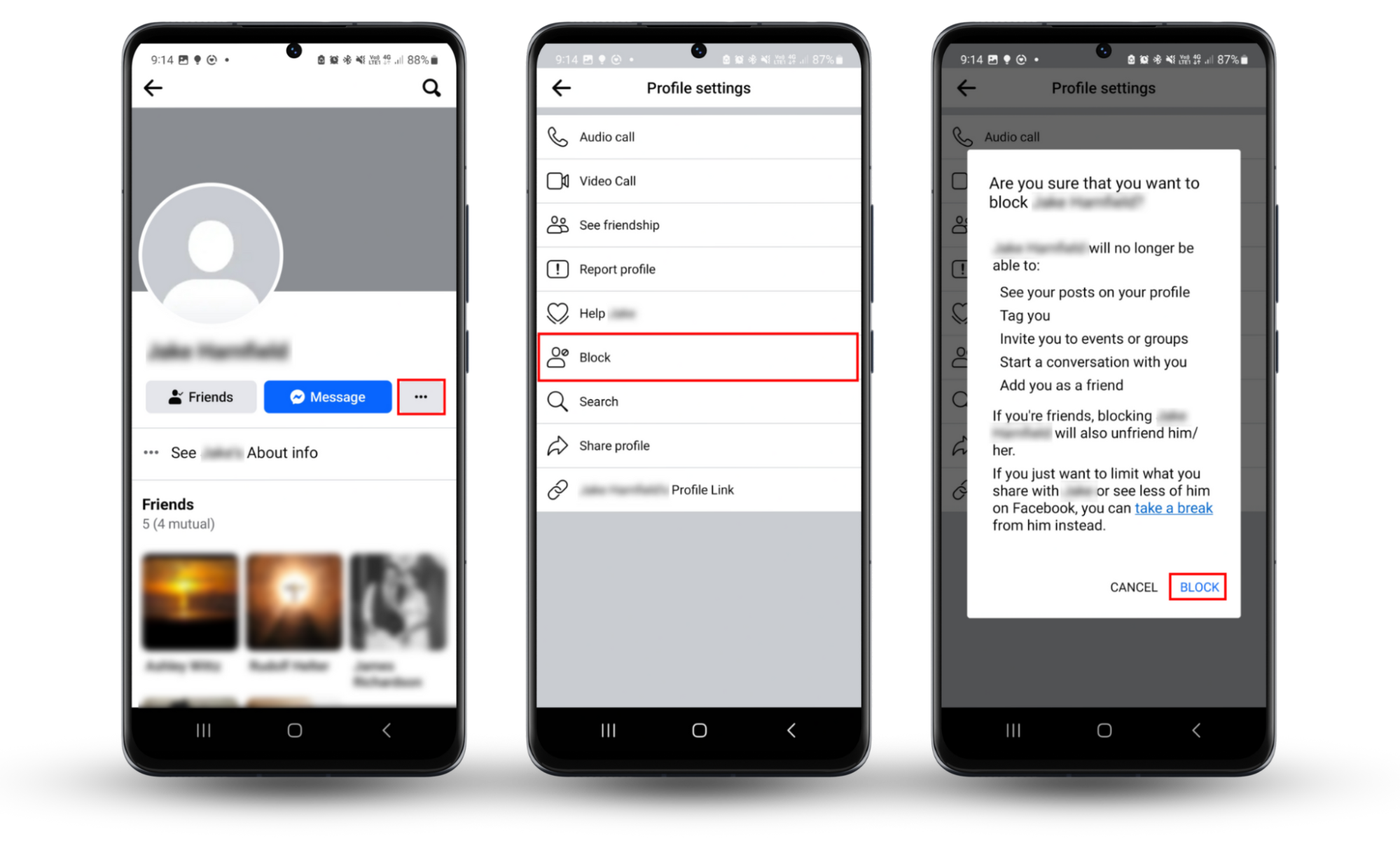 Screenshots from the Facebook app showing how to block your stalker's personal account. Screenshots from the Facebook app showing how to block your stalker's personal account.
