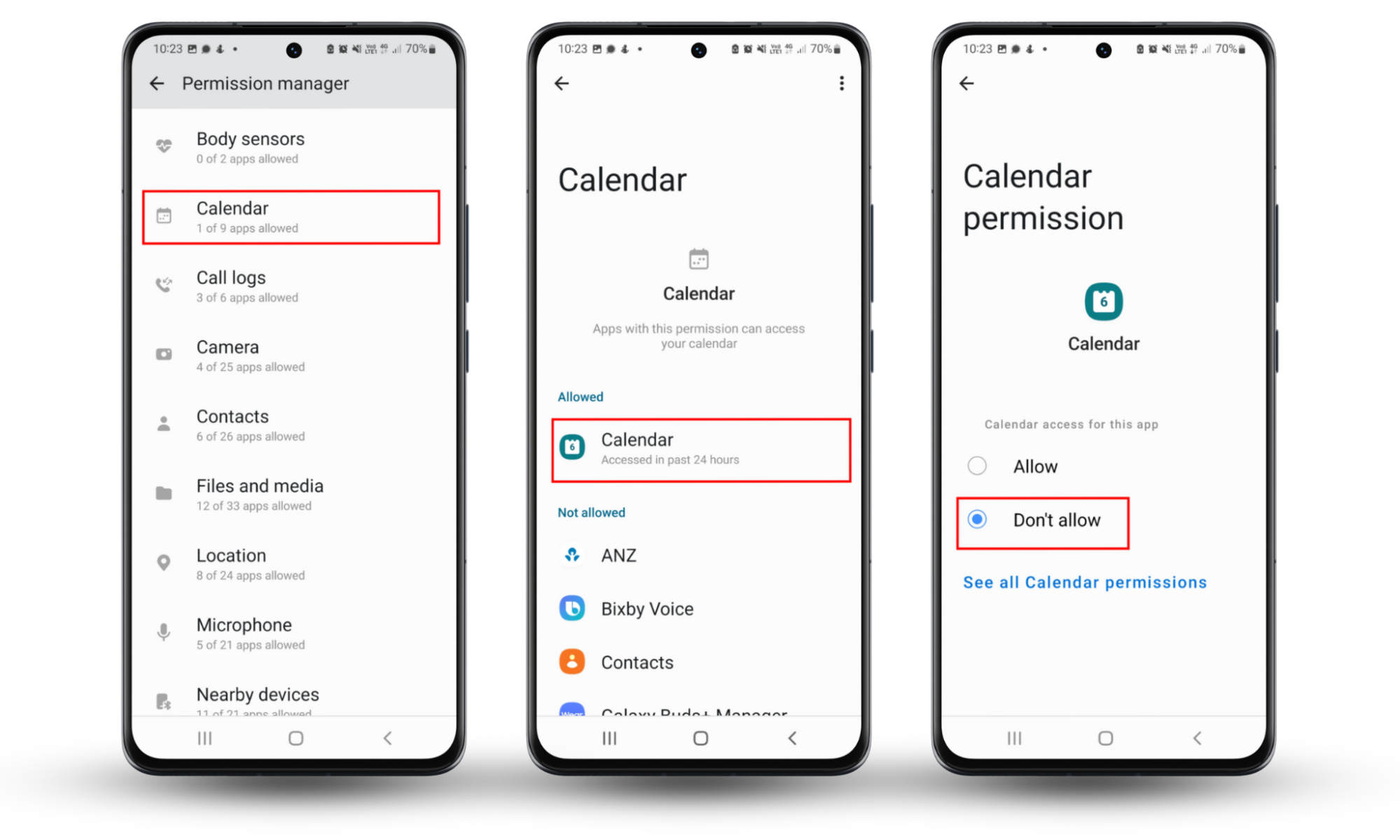 Screenshots of an Android device showing how to disable permissions for untrustworthy apps. Select the category of permissions, then choose the suspicious app and press Don't allow. Screenshots of an Android device showing how to disable permissions for untrustworthy apps. Select the category of permissions, then choose the suspicious app and press Don't allow.