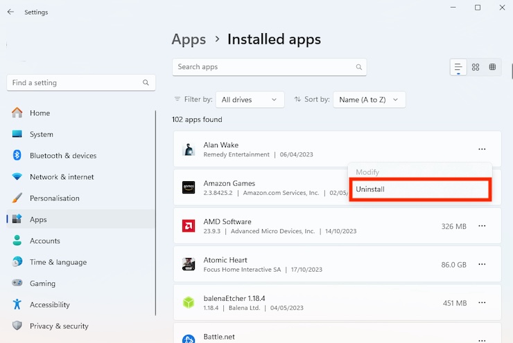 Settings in Windows shows all installed apps. Click the three dots next to a program you want to remove, then click Uninstall. Settings in Windows shows all installed apps. Click the three dots next to a program you want to remove, then click Uninstall.