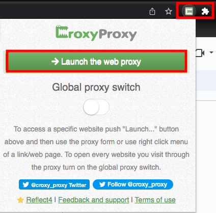 Google Chrome's add on button activating a proxy server. Google Chrome's add on button activating a proxy server.