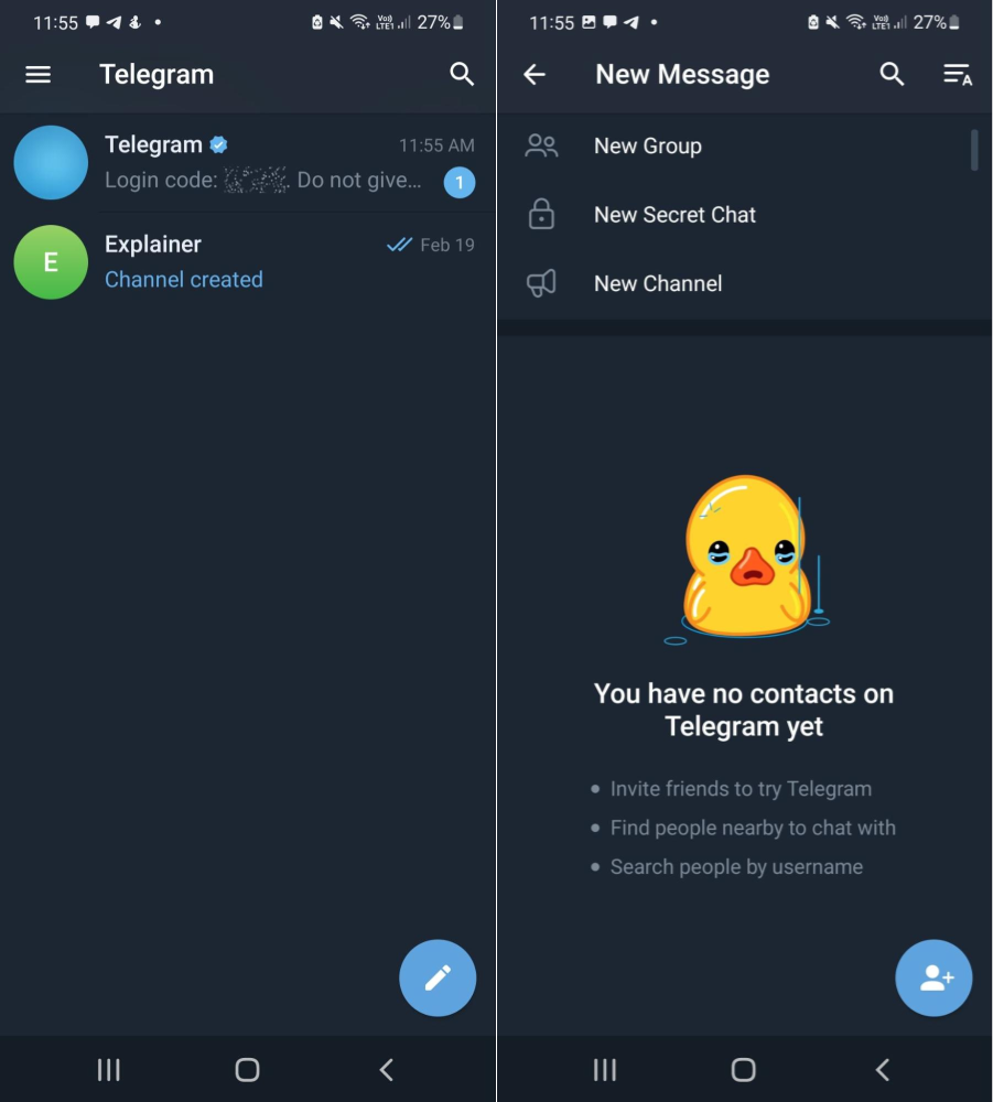 Select the pencil icon in the bottom-right corner of the screen and click on the New Secret Chat. Select the pencil icon in the bottom-right corner of the screen and click on the New Secret Chat.