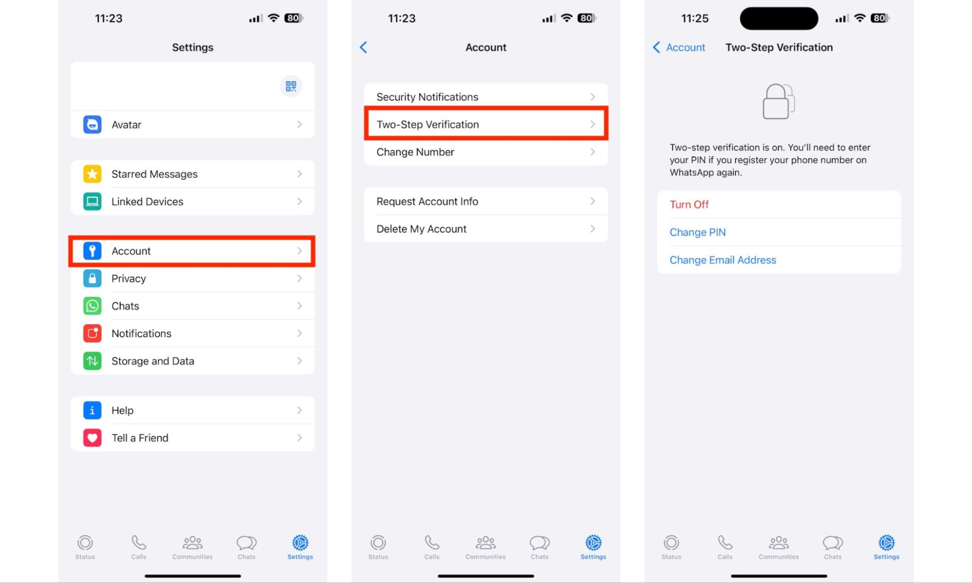 WhatsApp on iPhone showing Account settings menu. Tap Two-Step Verification to enable this feature. WhatsApp on iPhone showing Account settings menu. Tap Two-Step Verification to enable this feature.