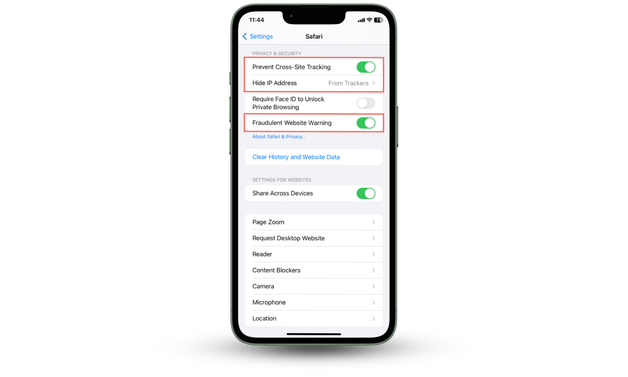 This iPhone screenshot shows how to adjust the browser security settings on iOS as a precaution against your iPhone being hacked through Safari. This iPhone screenshot shows how to adjust the browser security settings on iOS as a precaution against your iPhone being hacked through Safari.