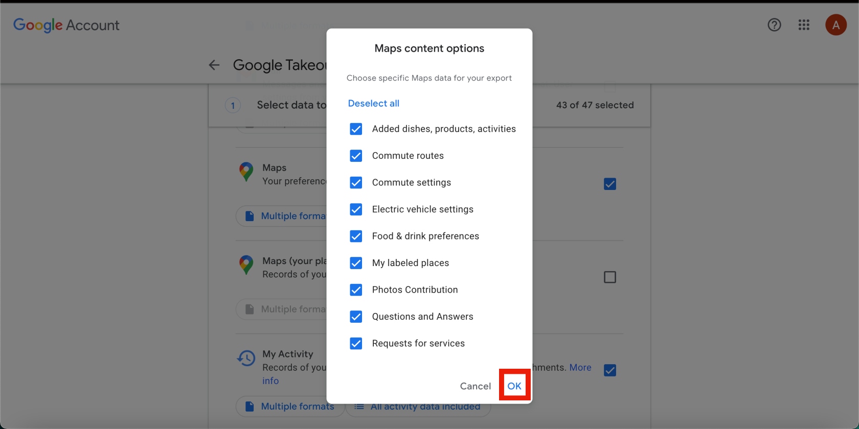 Map content options shown in Google Takeout Map content options shown in Google Takeout