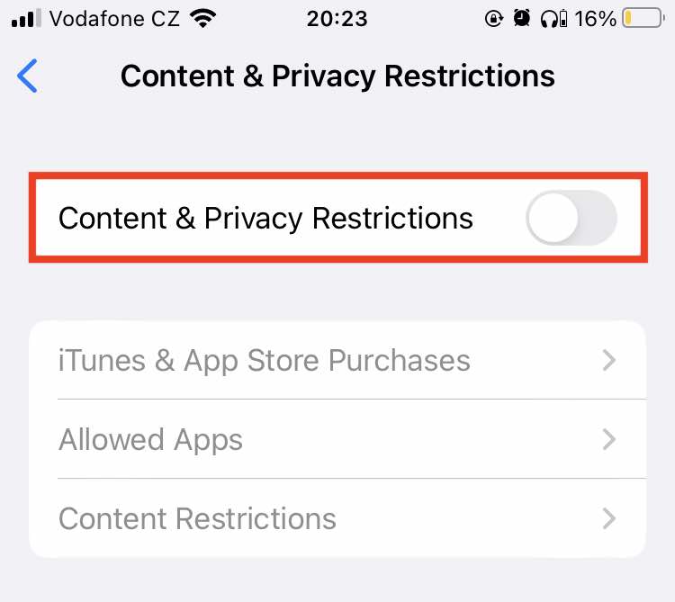 iPhone screen showing the 'Content & Privacy Restrictions' menu with the 'Content & Privacy Restrictions' toggle in the off position. iPhone screen showing the 'Content & Privacy Restrictions' menu with the 'Content & Privacy Restrictions' toggle in the off position.