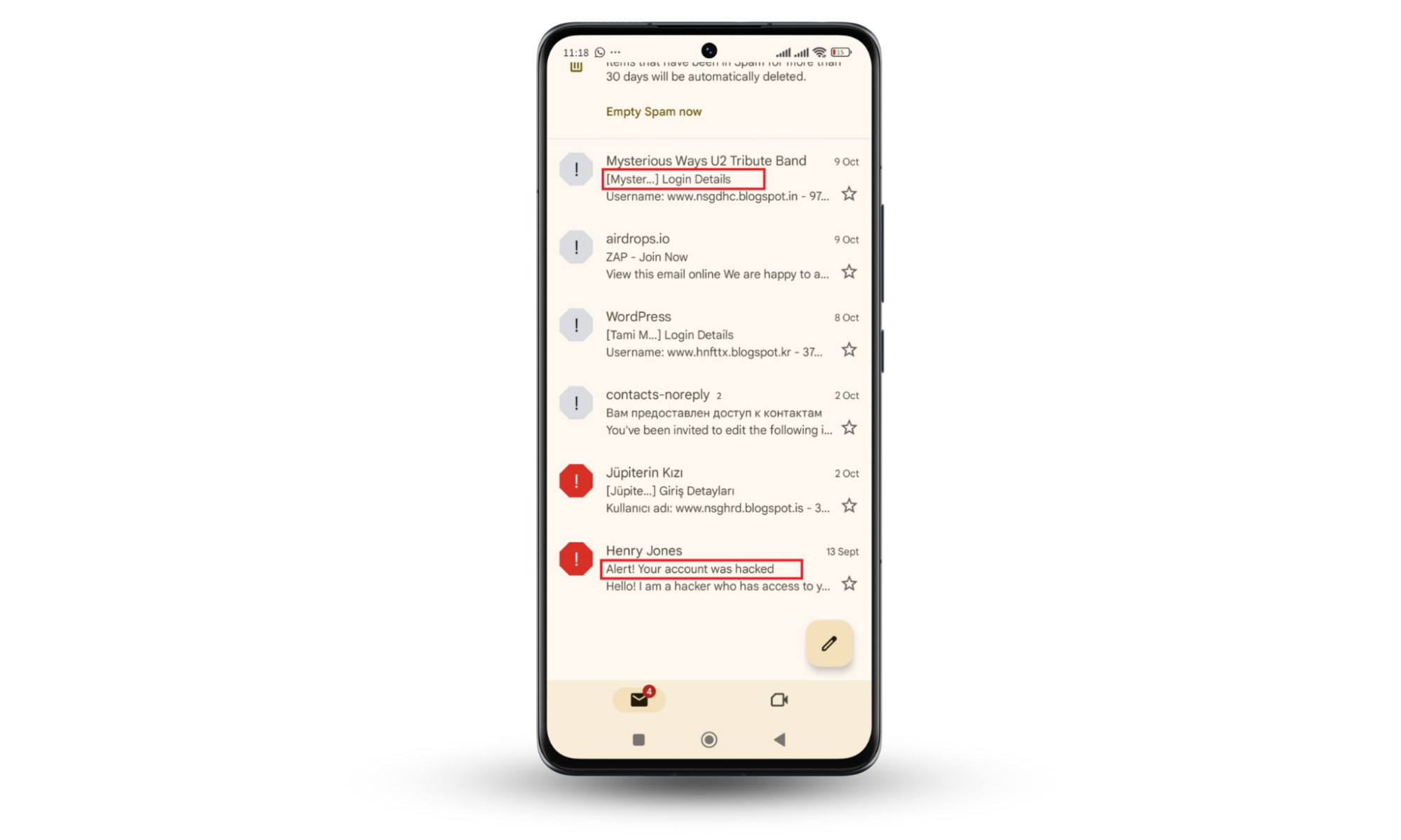 spam emails with suspicious subject lines like Your account was hacked, which could make you get malware from opening an email. spam emails with suspicious subject lines like Your account was hacked, which could make you get malware from opening an email.