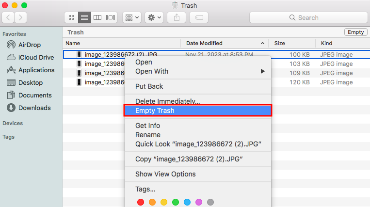 Removing Trash in macOS High Sierra, by right-clicking in the open Trash application and selecting Empty Trash from the menu (as highlighted). Removing Trash in macOS High Sierra, by right-clicking in the open Trash application and selecting Empty Trash from the menu (as highlighted).