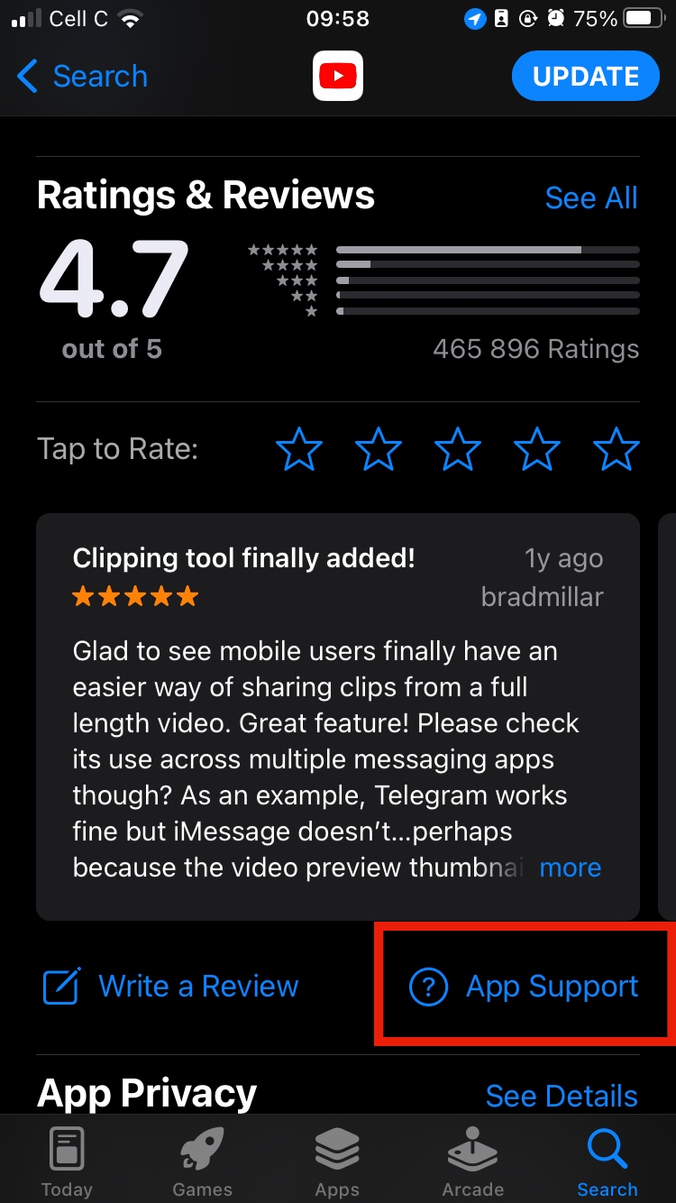 App Support button outlined in red the on YouTube page in the iPhone App Store App Support button outlined in red the on YouTube page in the iPhone App Store