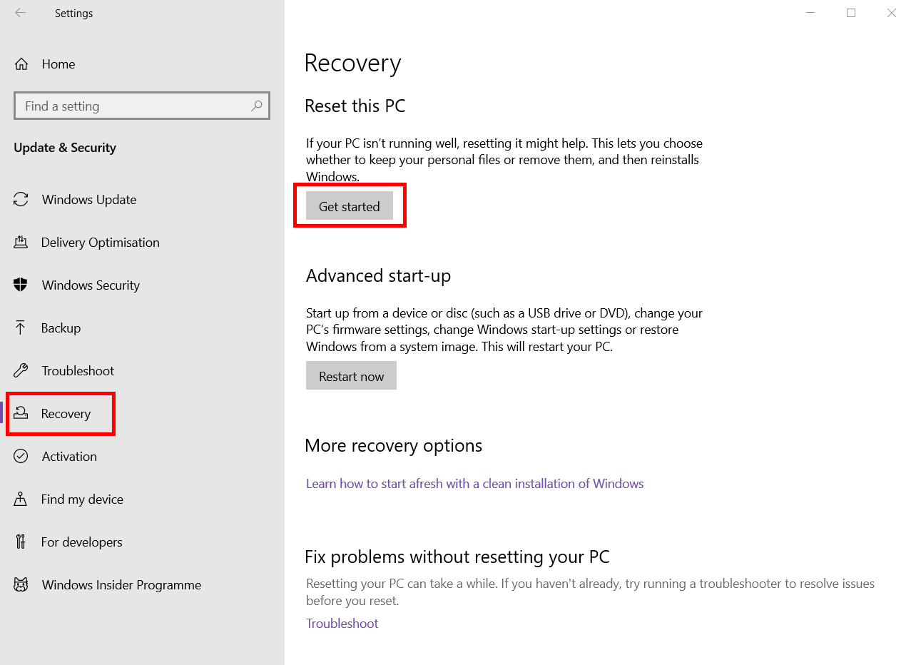 Factory reset on Windows. Factory reset on Windows.