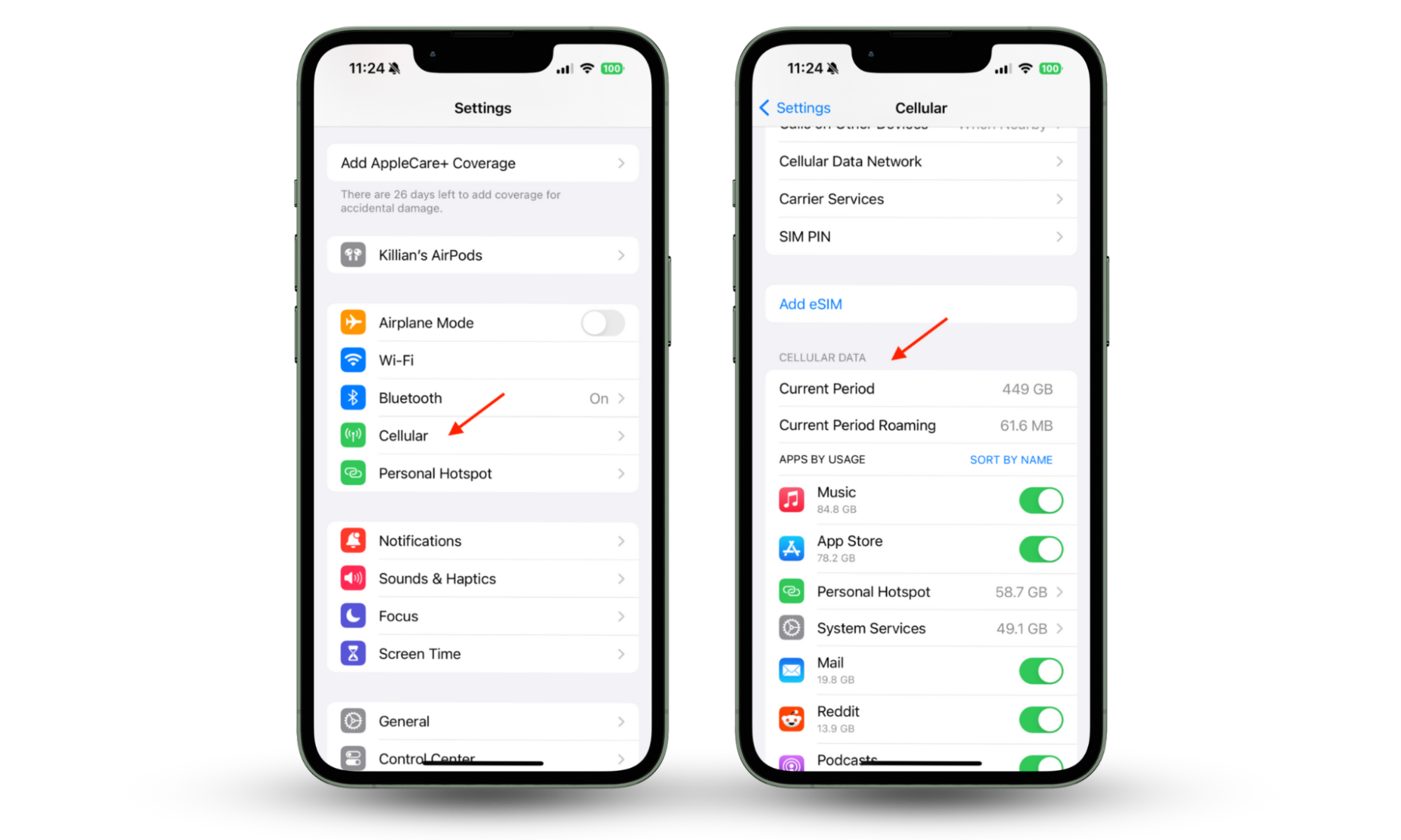 Screenshots of an iPhone phone showing how to see the mobile data usage of apps as a way to tell whether your spouse is spying on your phone. Screenshots of an iPhone phone showing how to see the mobile data usage of apps as a way to tell whether your spouse is spying on your phone.
