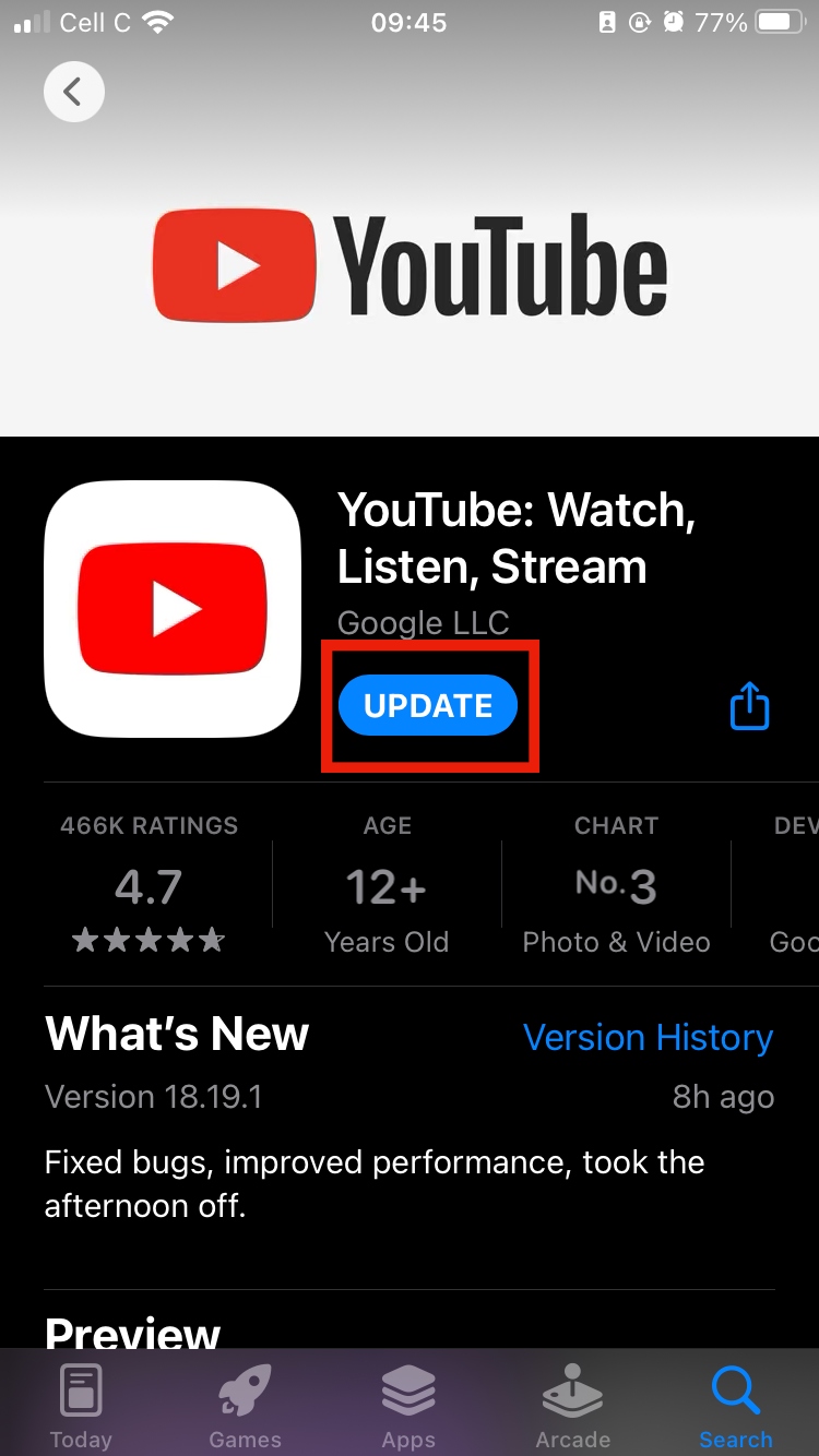 screenshot showing the button to update the YouTube app in the iPhone App Store screenshot showing the button to update the YouTube app in the iPhone App Store