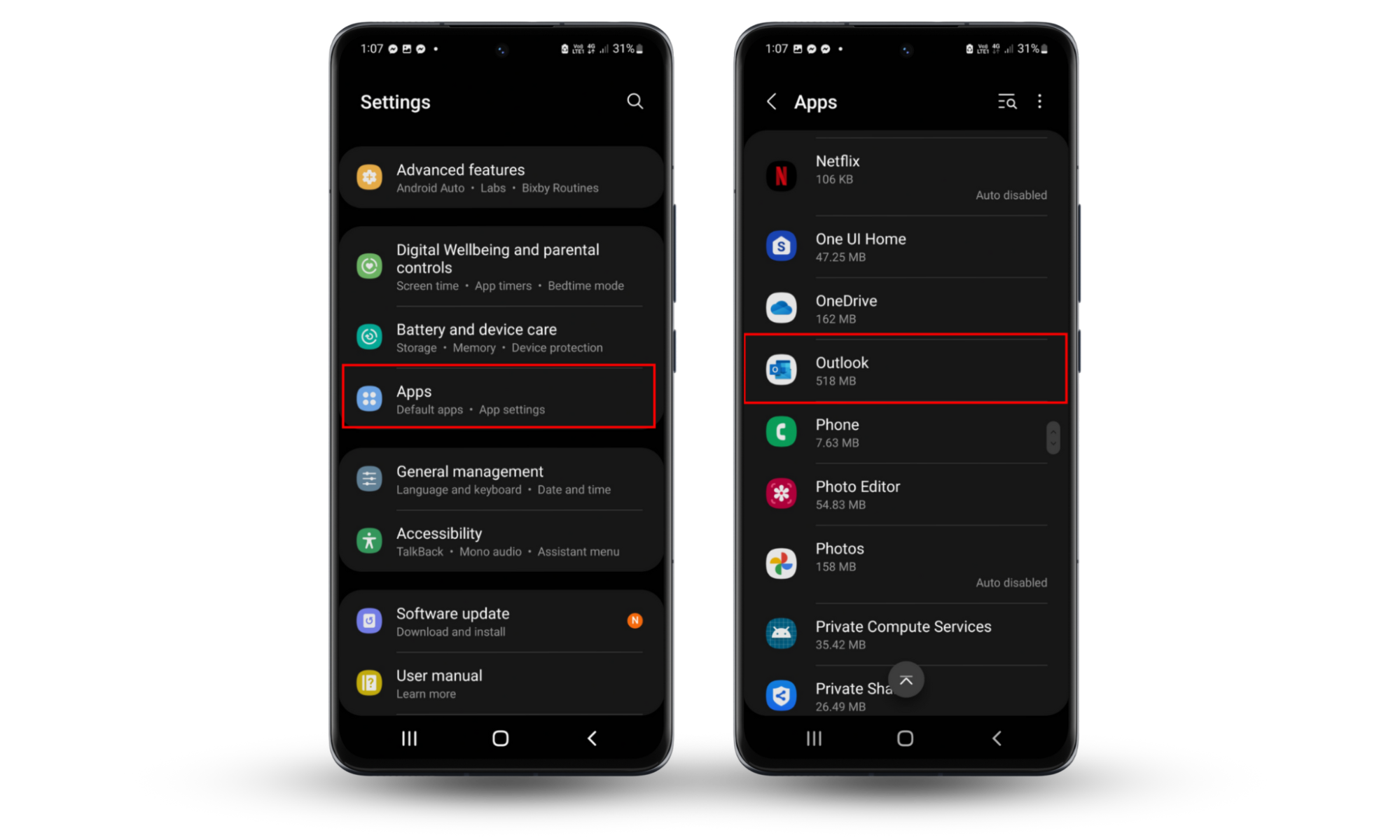 Screenshots showing where in the Android settings menu you can navigate to Apps > Outlook. Screenshots showing where in the Android settings menu you can navigate to Apps > Outlook.