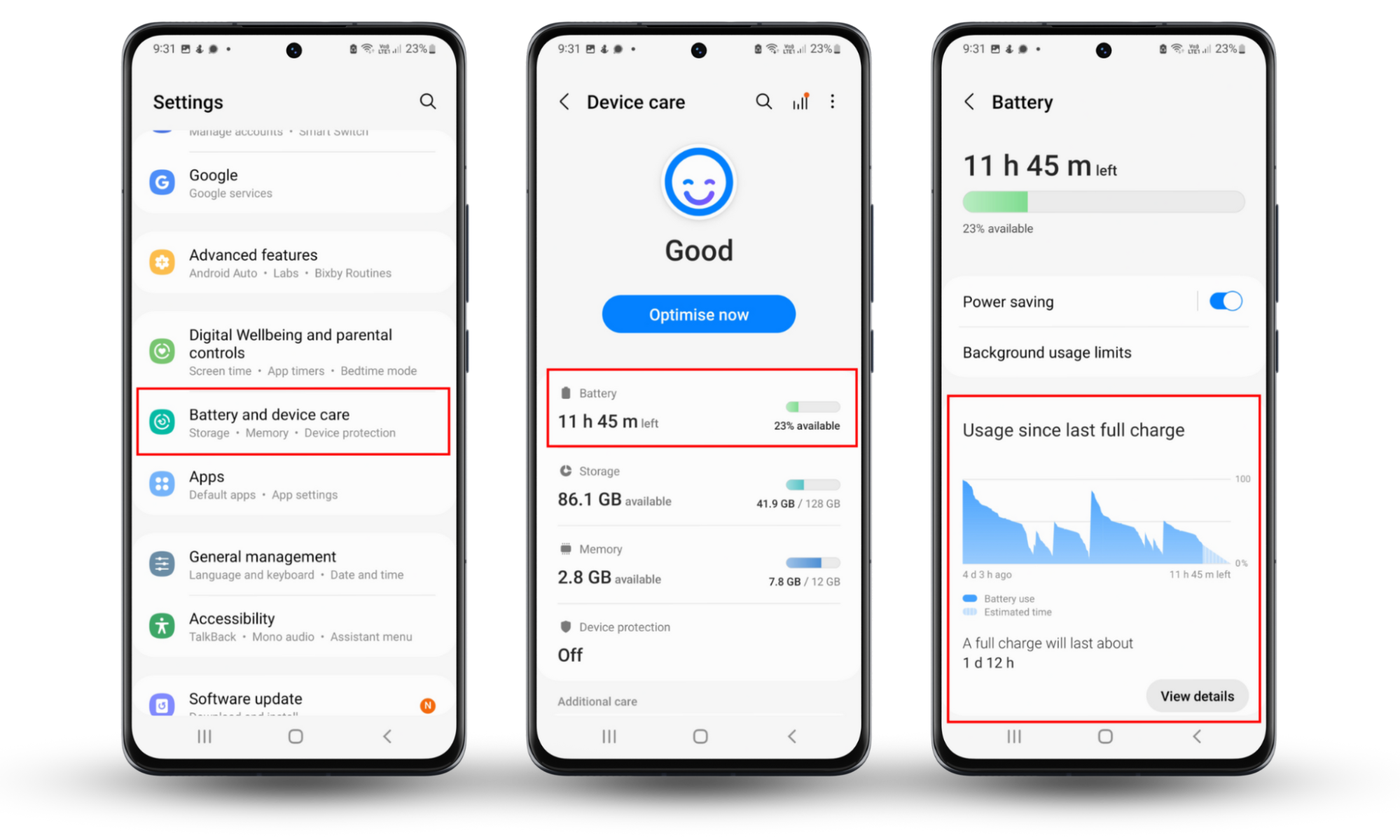 Screenshots of an Android smartphone showing how to access the battery usage since last full charge and check for spyware. Screenshots of an Android smartphone showing how to access the battery usage since last full charge and check for spyware.