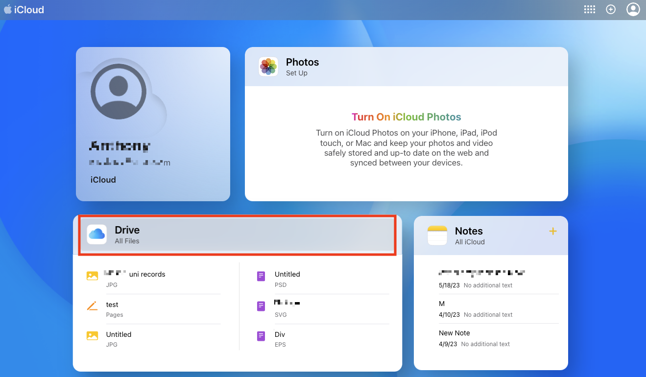 An iCloud account shown in a web browser. The An iCloud account shown in a web browser. The