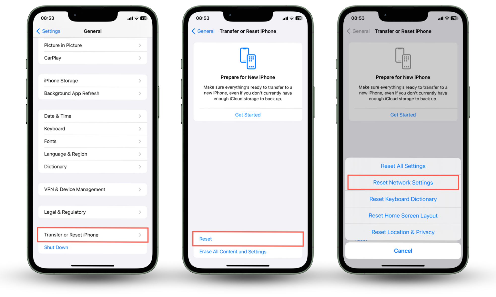 Screenshots that demonstrate how to fix an iPhone stuck on emergency SOS by resetting the network settings to factory defaults. Screenshots that demonstrate how to fix an iPhone stuck on emergency SOS by resetting the network settings to factory defaults.