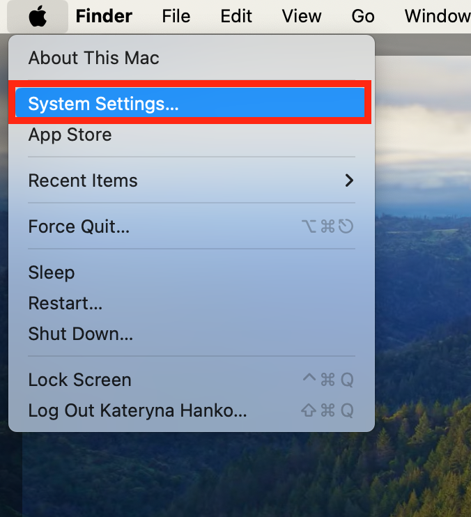 A screenshot of the Apple drop-down menu showing how to select settings to remove malware from Mac. A screenshot of the Apple drop-down menu showing how to select settings to remove malware from Mac.