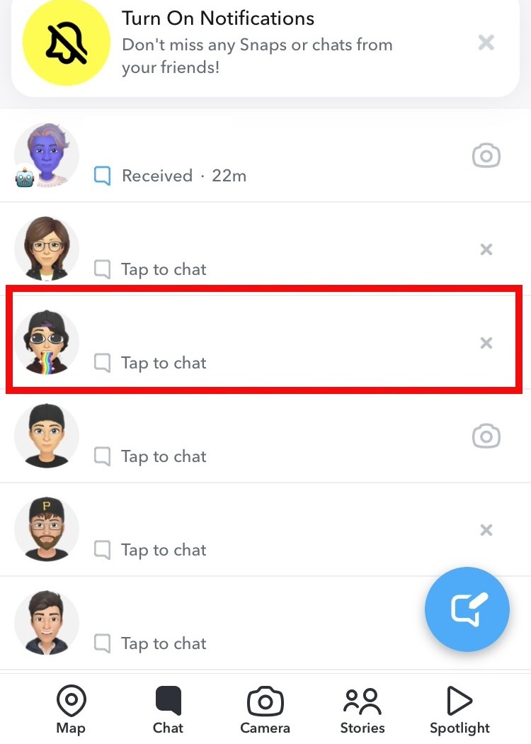 Screenshot of the chat menu in Snapchat, which shows your contacts, with one user selected as the ex to block from your contacts list. Is your ex still watching all your Snapchat stories? Screenshot of the chat menu in Snapchat, which shows your contacts, with one user selected as the ex to block from your contacts list. Is your ex still watching all your Snapchat stories?