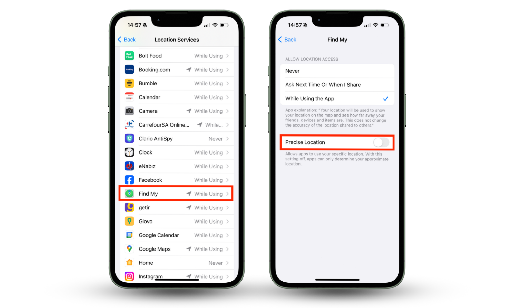 iPhone screenshots showing how to disable or limit Find My’s location access and stop your wife from tracking your Apple Watch, by adjusting settings in Location Services. iPhone screenshots showing how to disable or limit Find My’s location access and stop your wife from tracking your Apple Watch, by adjusting settings in Location Services.