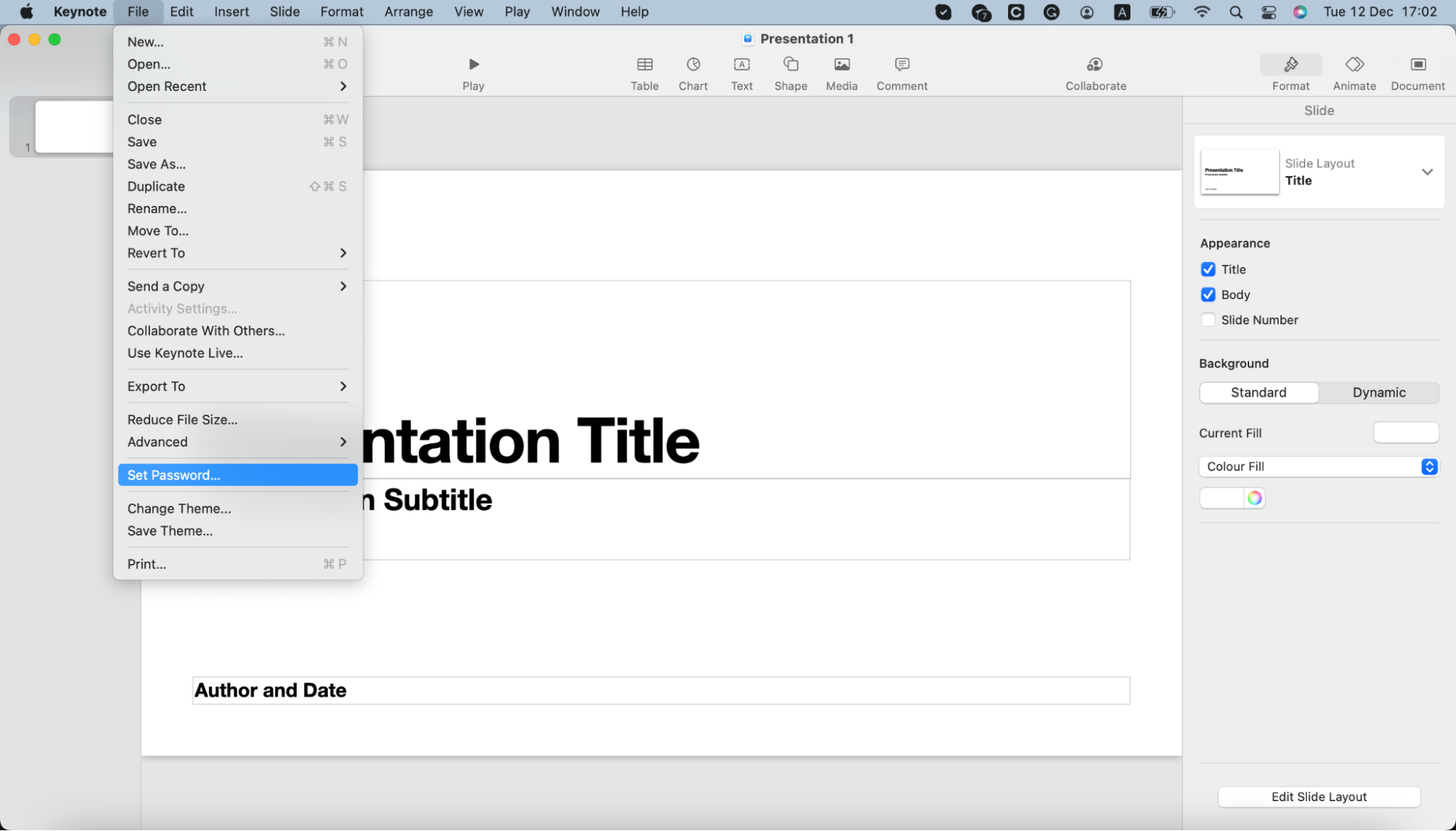 Keynote shows the file menu with the option to add a password to a document. Keynote shows the file menu with the option to add a password to a document.