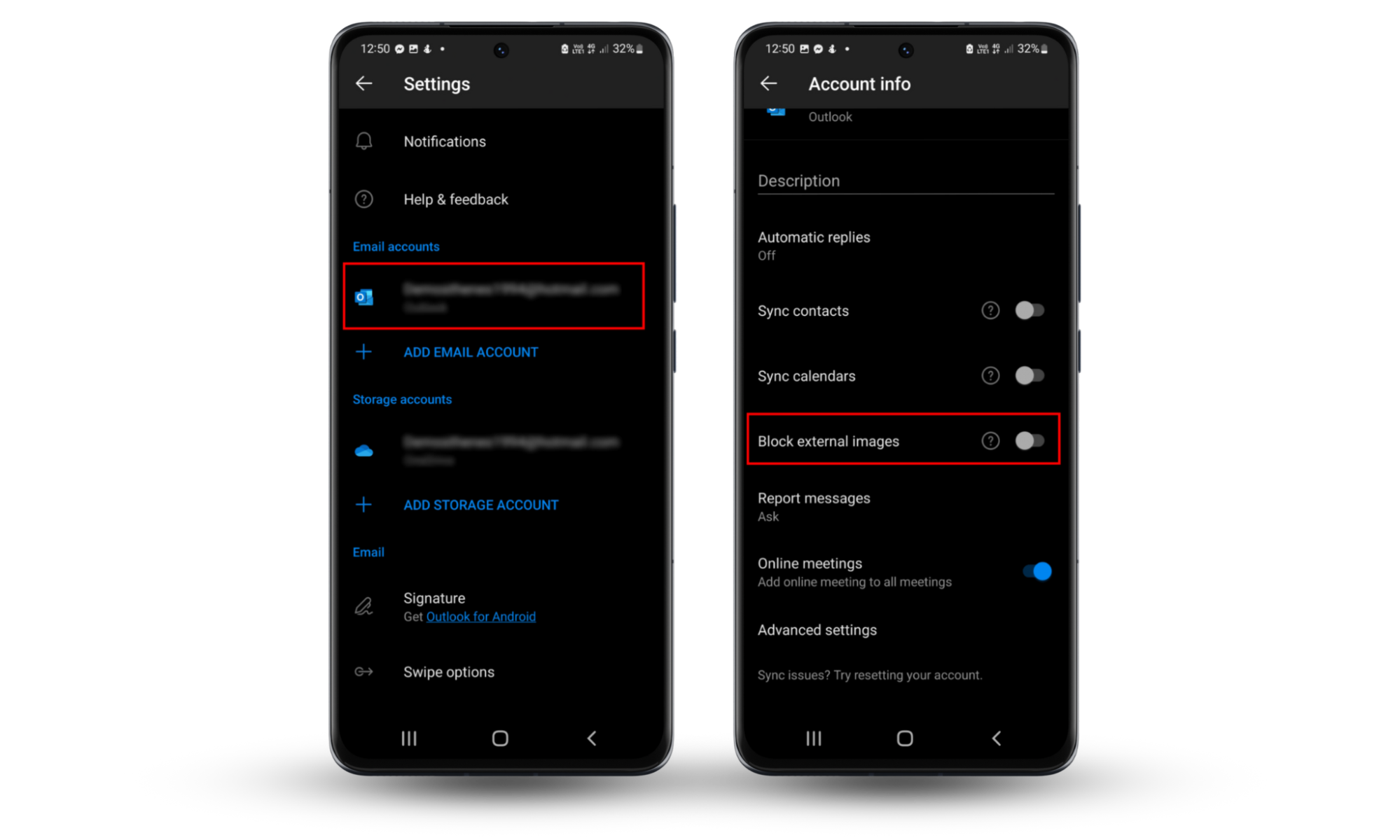 A screenshot of the Android Outlook mobile app showing where your email account and A screenshot of the Android Outlook mobile app showing where your email account and