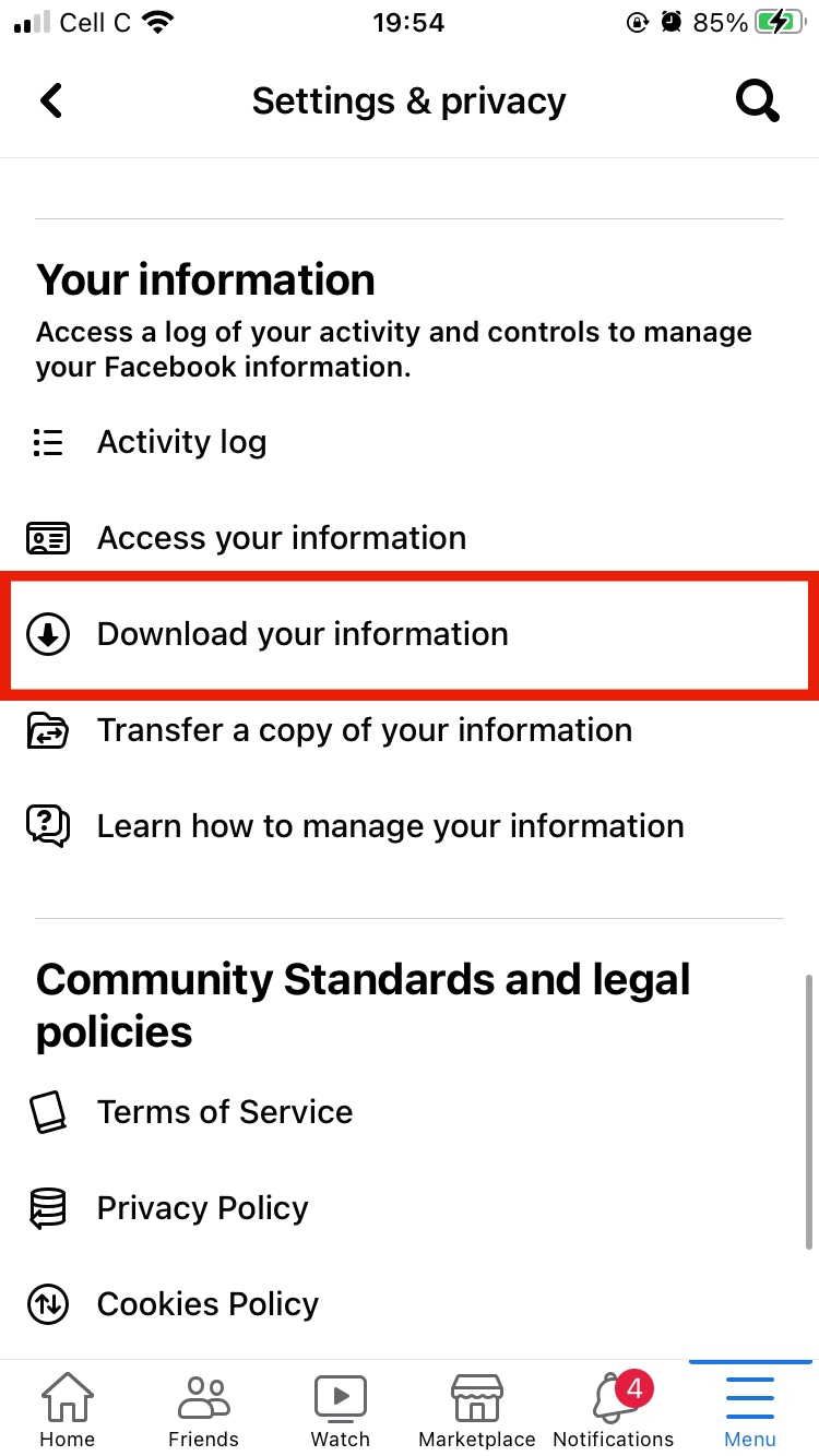 Data download option in Facebook settings on mobile app Data download option in Facebook settings on mobile app