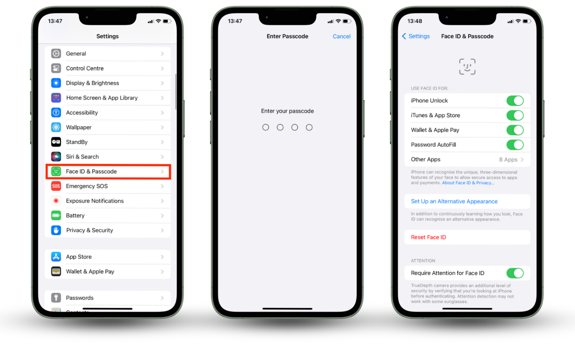 A screenshot instruction on how to set up a Face ID or a Touch ID on an iPhone to protect your device from getting hacked or getting spyware installed. A screenshot instruction on how to set up a Face ID or a Touch ID on an iPhone to protect your device from getting hacked or getting spyware installed.