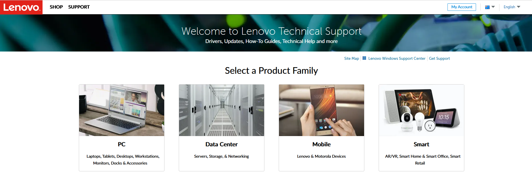 Lenovo Technical Support webpage Lenovo Technical Support webpage