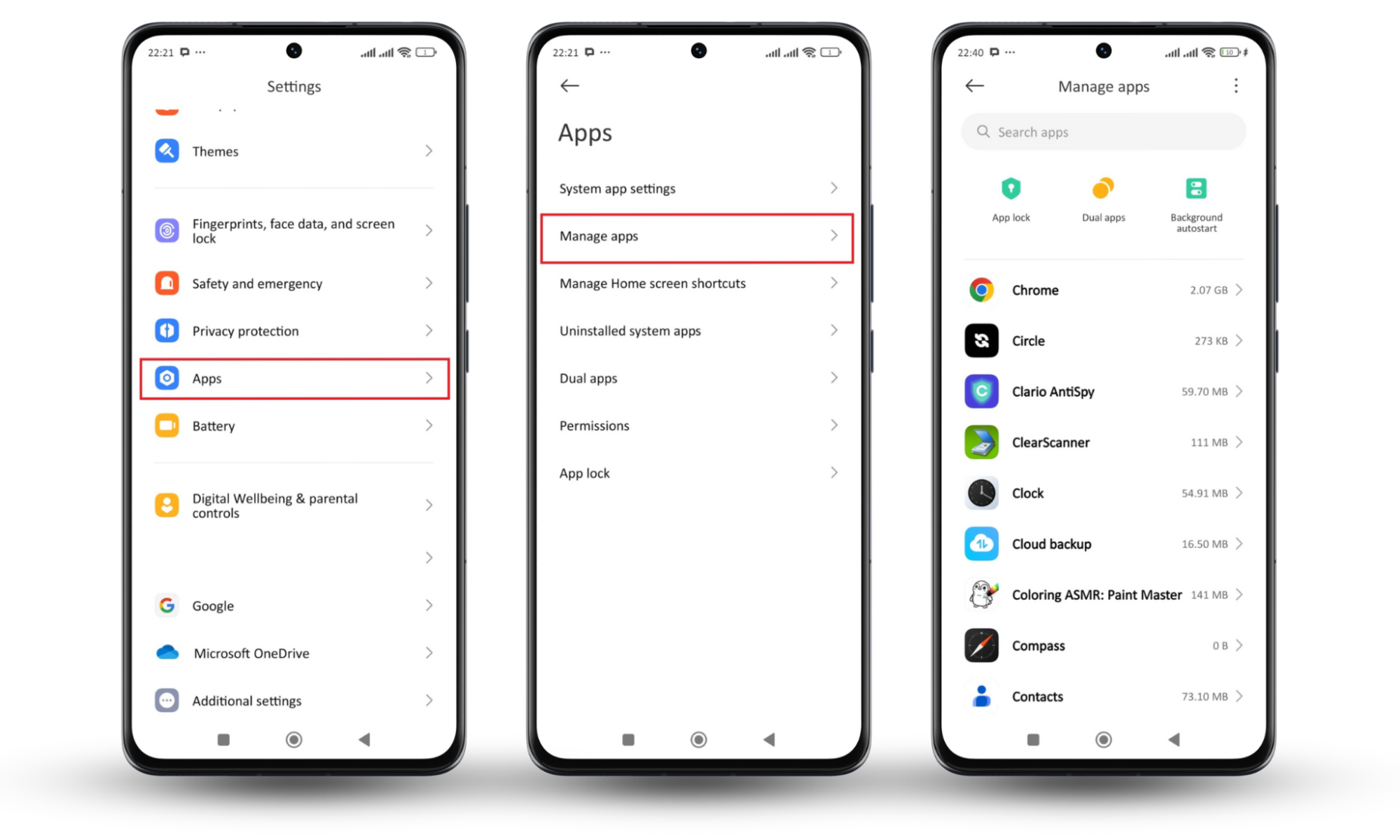 Three screenshots showing how to access your app list from the apps menu in your Android phone settings to check if your husband is tracking you. Three screenshots showing how to access your app list from the apps menu in your Android phone settings to check if your husband is tracking you.