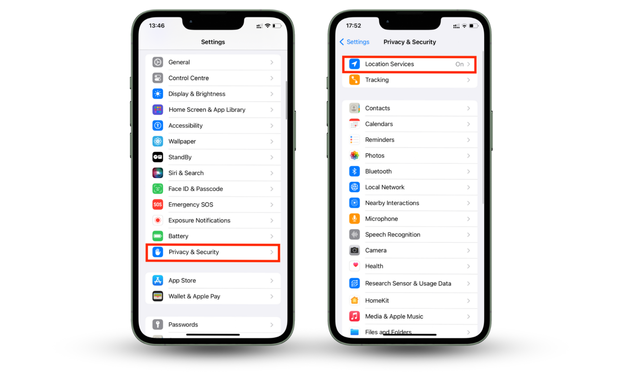 Screenshots of an iPhone screen showing how to access the Location Services menu. Screenshots of an iPhone screen showing how to access the Location Services menu.