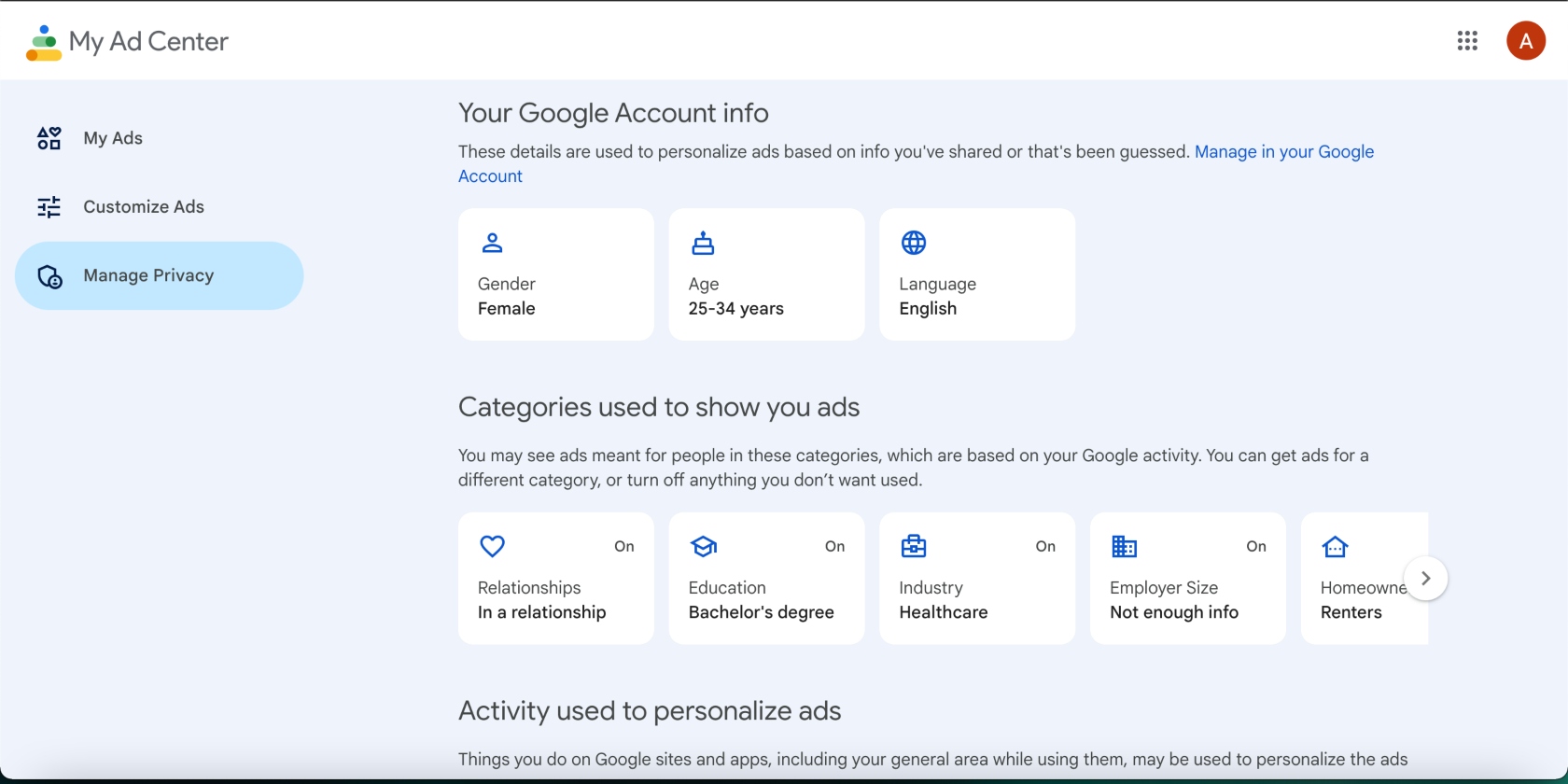 Google account info in Google settings Google account info in Google settings