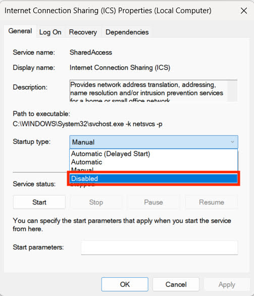 The Internet Connection Sharing Properties window in Windows 11, with the Startup type: disabled. The Internet Connection Sharing Properties window in Windows 11, with the Startup type: disabled.