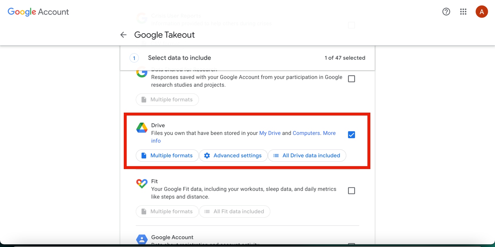 Drive selected in Google Takeout Drive selected in Google Takeout