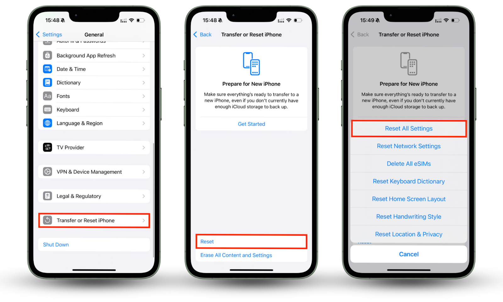 The iPhone's Settings app shows how to reset all iPhone settings if your iPhone Won’t Make Calls but Will Text. Go to Settings > General > Transfer or Reset iPhone > Reset > Reset All Settings. The iPhone's Settings app shows how to reset all iPhone settings if your iPhone Won’t Make Calls but Will Text. Go to Settings > General > Transfer or Reset iPhone > Reset > Reset All Settings.