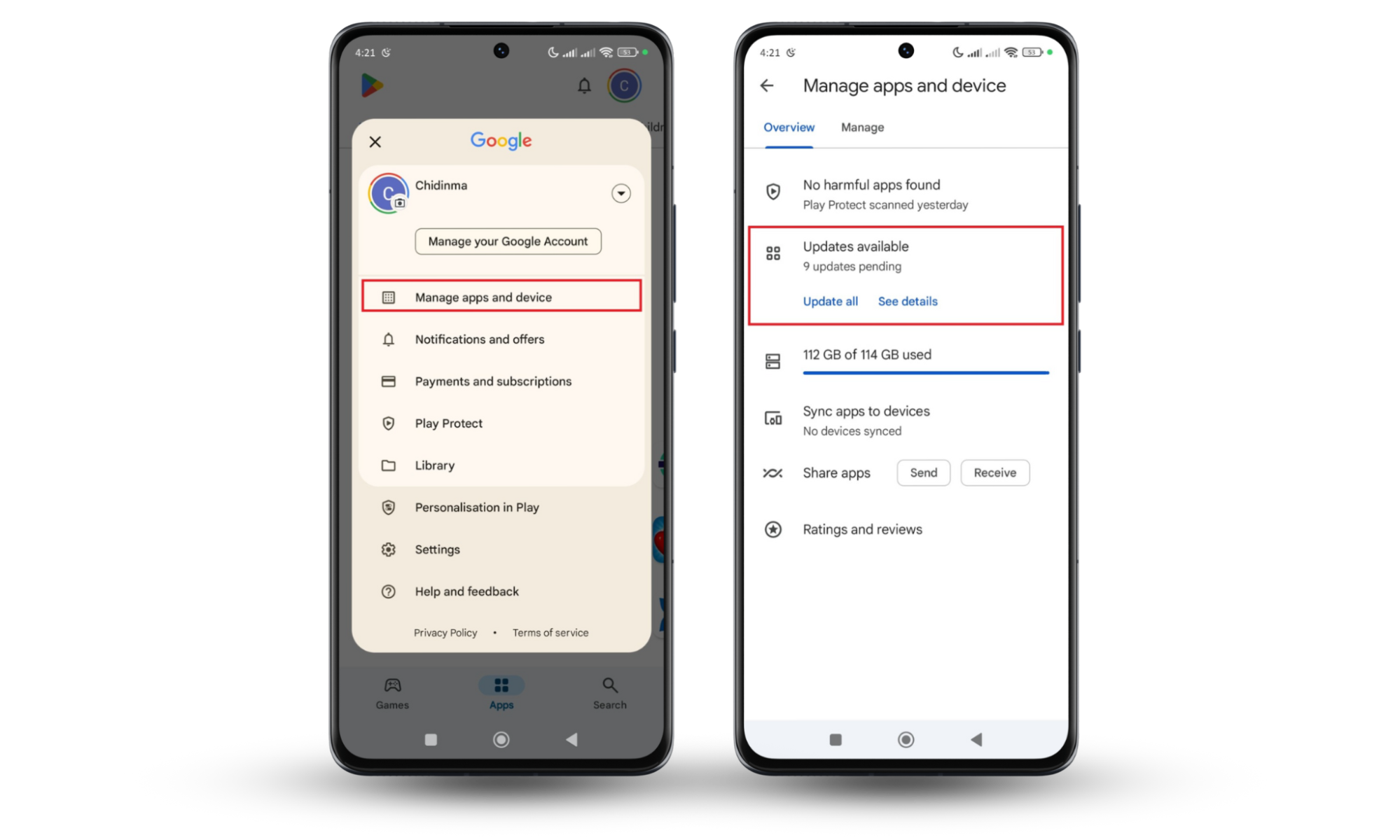 Android screenshots showing how to update apps in Google Play Store, so you don't get malware from opening an email. Android screenshots showing how to update apps in Google Play Store, so you don't get malware from opening an email.