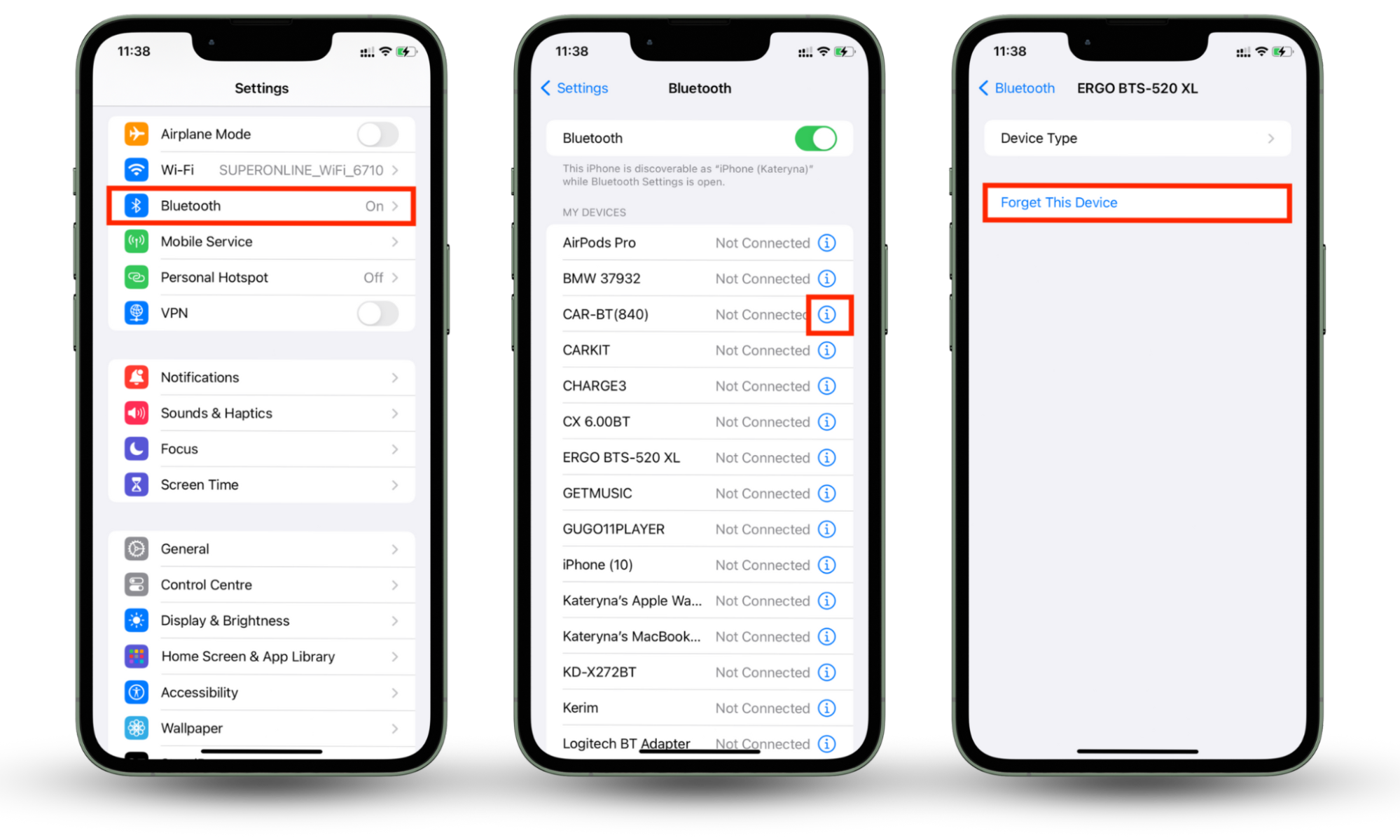 This screenshot instructs you on how to find stalkerware on an iPhone by checking connected Bluetooth devices. This screenshot instructs you on how to find stalkerware on an iPhone by checking connected Bluetooth devices.