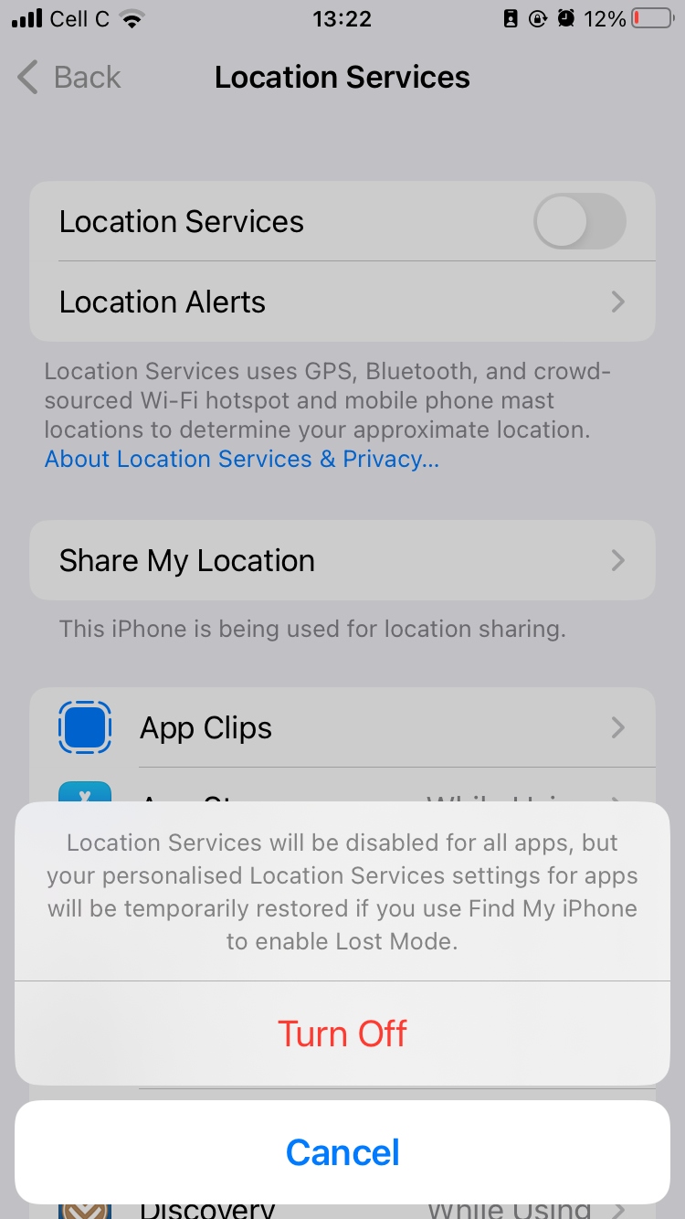 Disabling location services on an iPhone. Disabling location services on an iPhone.