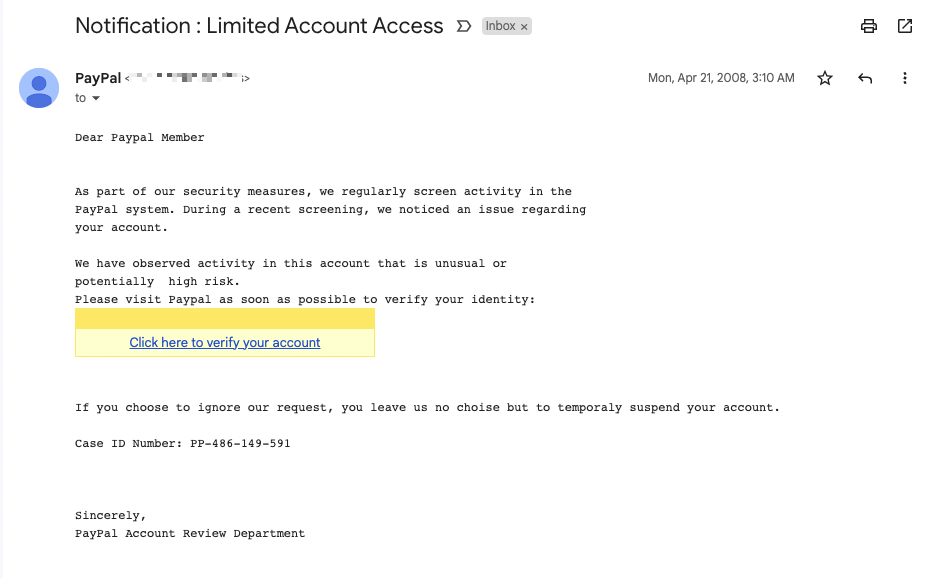 PayPal phishing email. PayPal phishing email.