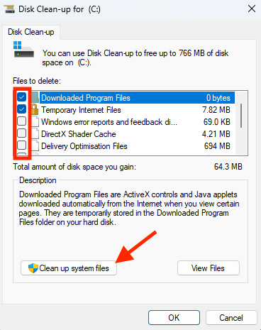 Disk Clean-up in Windows shows a list of temporary cache files. Select the ones you want to remove, then click Clean up system files. Disk Clean-up in Windows shows a list of temporary cache files. Select the ones you want to remove, then click Clean up system files.