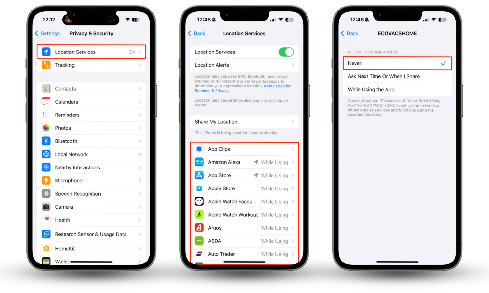 The Location Services menu on iPhone with a list of all installed apps. Select each app, then specify what kind of location access it should have to keep your iPhone secure from hackers. The Location Services menu on iPhone with a list of all installed apps. Select each app, then specify what kind of location access it should have to keep your iPhone secure from hackers.