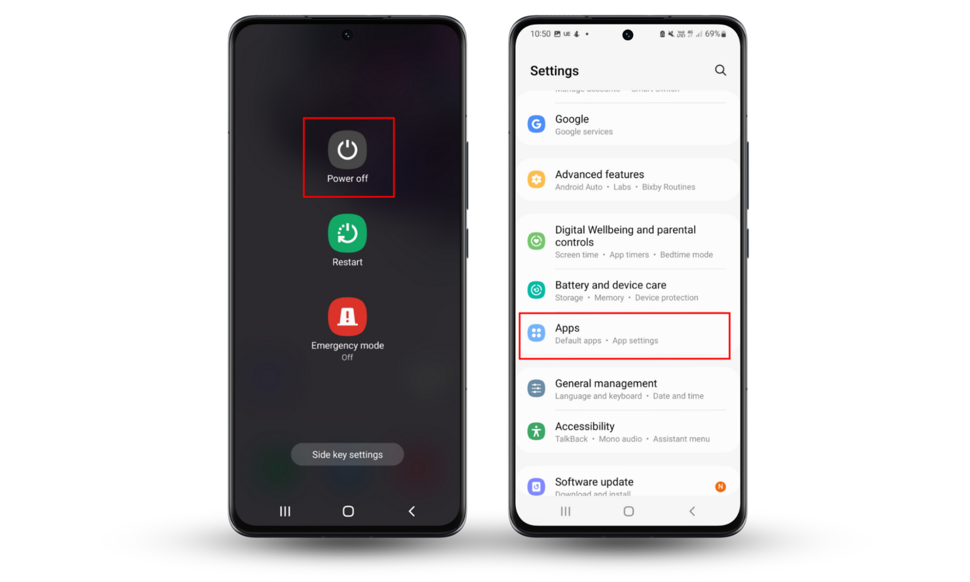 Android screenshots showing how to reboot your phone into Safe mode and then enter the apps list to remove a hacker from your Samsung phone. Android screenshots showing how to reboot your phone into Safe mode and then enter the apps list to remove a hacker from your Samsung phone.