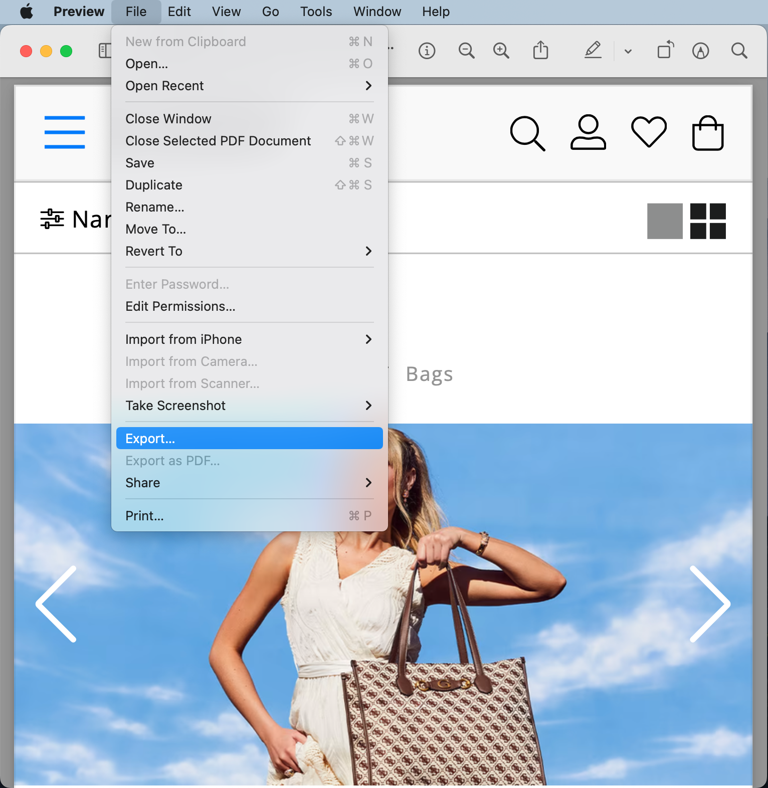 Preview shows the file menu with the option to Export a document. Preview shows the file menu with the option to Export a document.