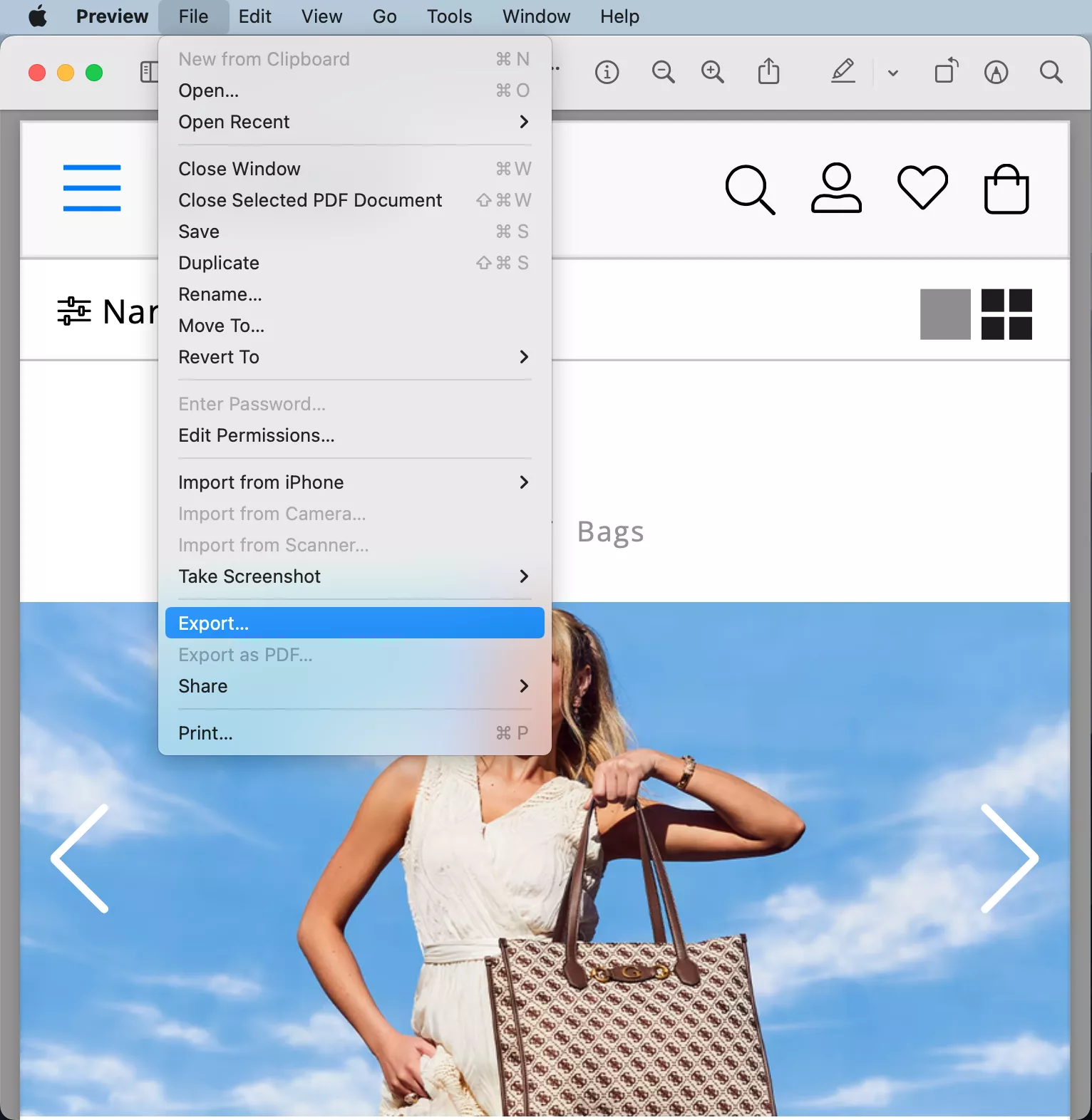 Preview shows the file menu with the option to Export a document.