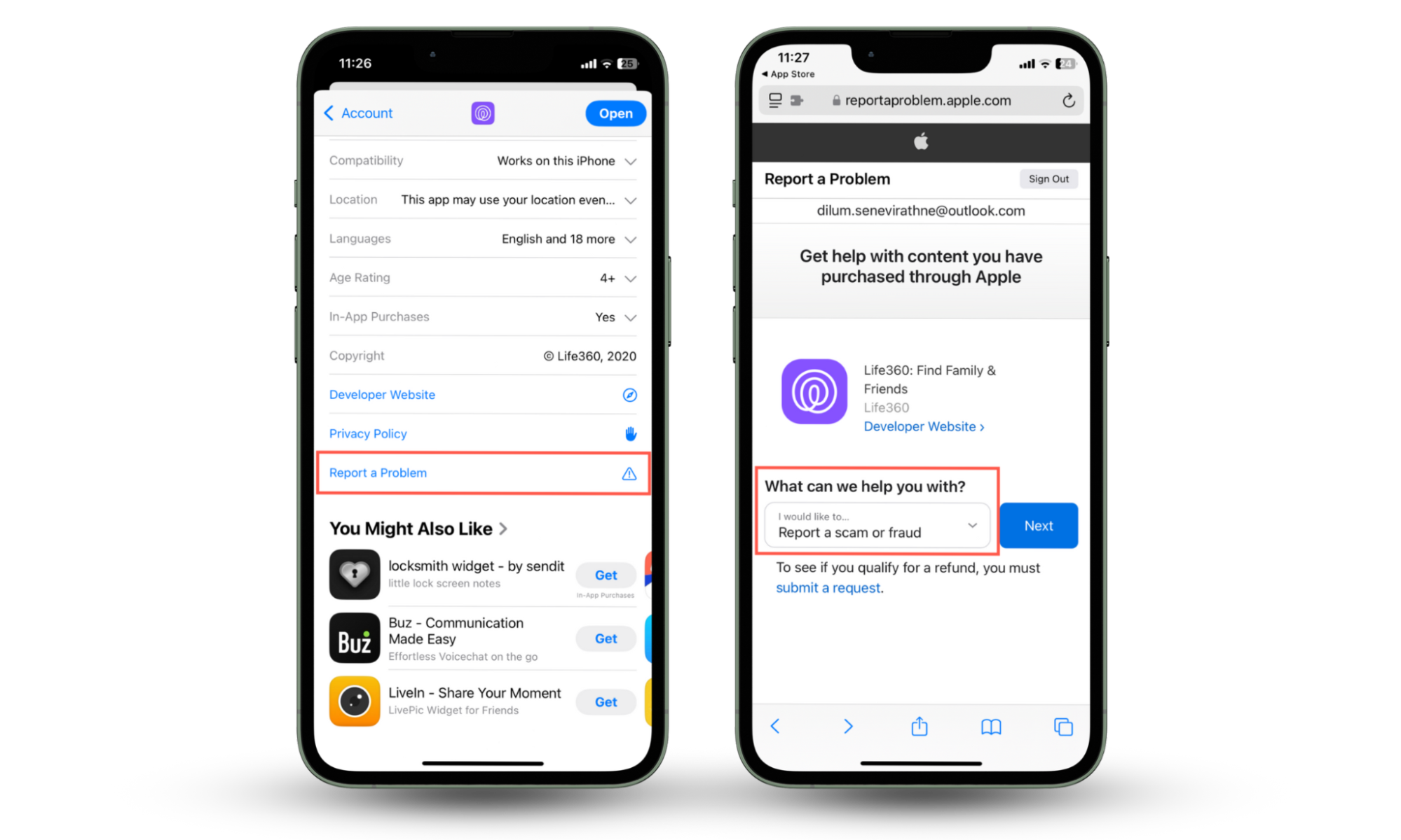 Screenshots that demonstrate how to flag malicious apps used by fraudsters by reporting them to the review teams on the iPhone's App Store. Screenshots that demonstrate how to flag malicious apps used by fraudsters by reporting them to the review teams on the iPhone's App Store.