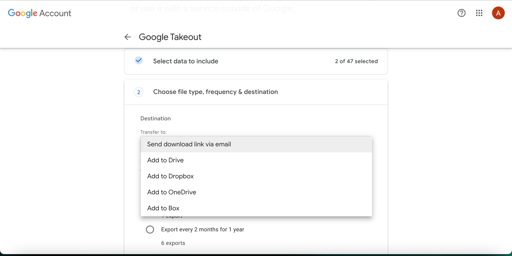 download destination options shown in Google Takeout download destination options shown in Google Takeout