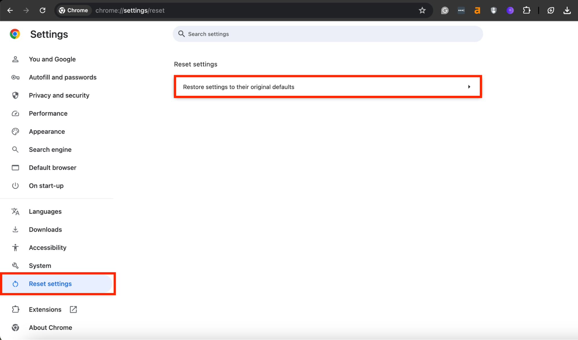 A screenshot of Google Chrome's Settings menu showing how to reset settings and remove malware from Mac. A screenshot of Google Chrome's Settings menu showing how to reset settings and remove malware from Mac.